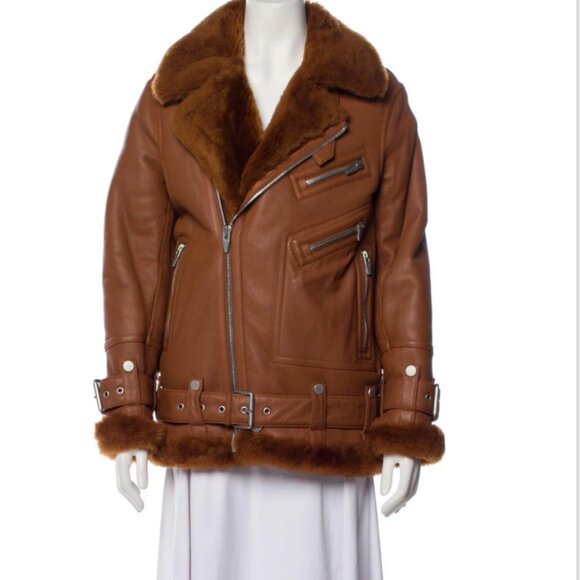 The Arrivals Moya Leather & Shearling Trim Jacket Brown- Size Large - Picture 2 of 13